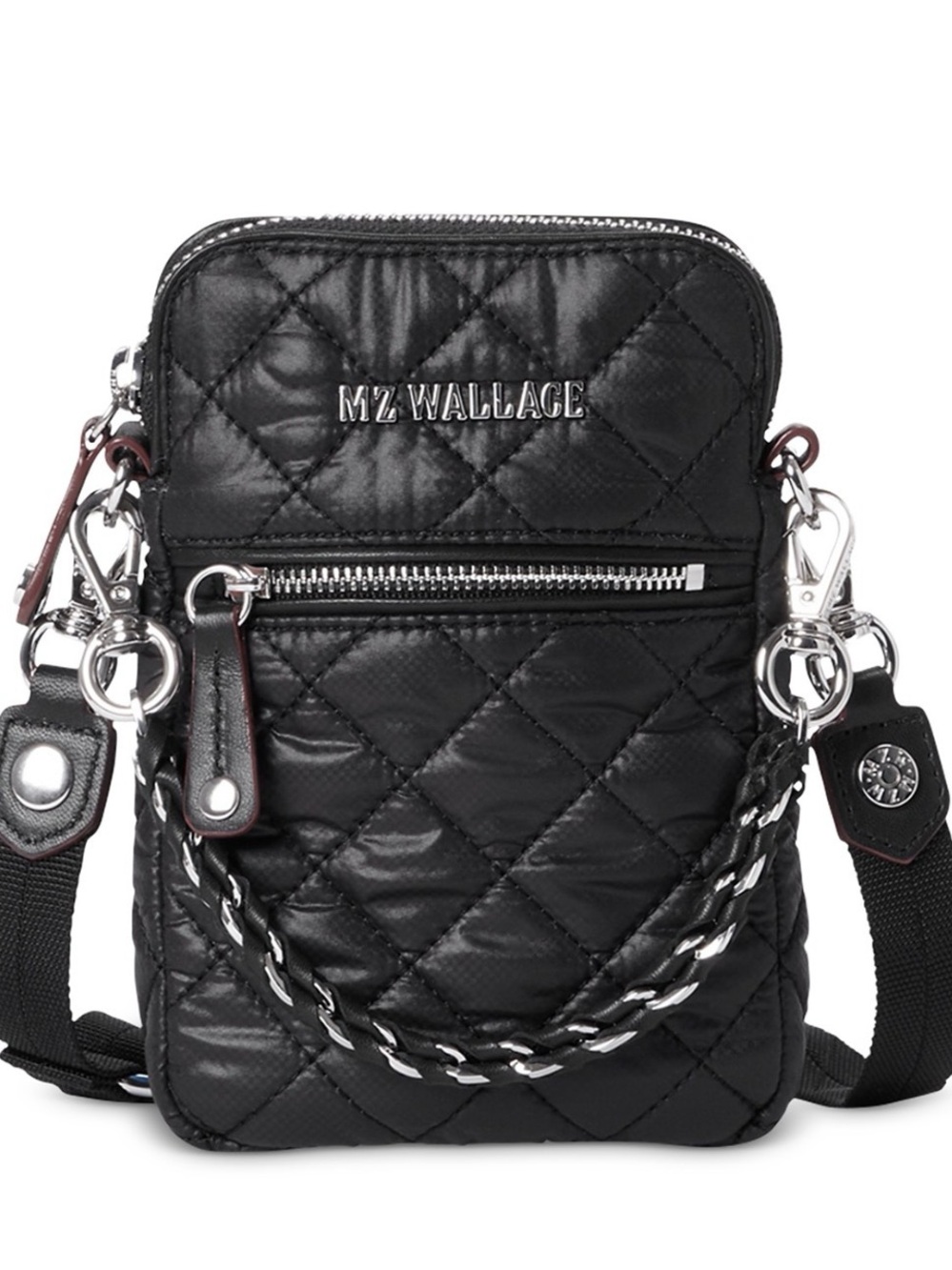 MZ Wallace Black Micro Quilted Crossbody Belt Bag with Red Trim